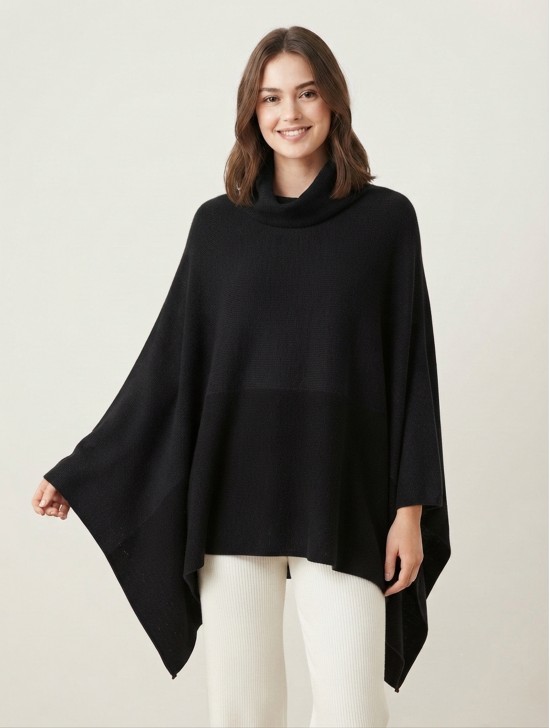 Super Soft Turtle Neck Side Slit Two-Tone Poncho Super Soft Turtle Neck Side Slit Two-Tone Poncho